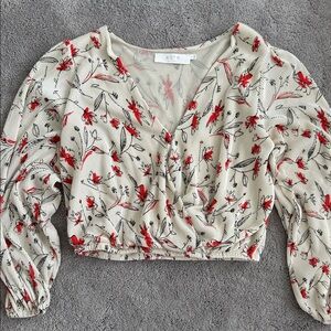 Astr Cream and Tan V-neck 3/4 Sleeve Cropped Ruched Wrap Blouse